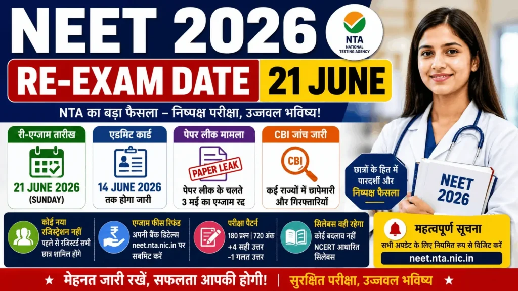 NEET 2026 Re-Exam Date 21 June | Admit Card, Paper Leak