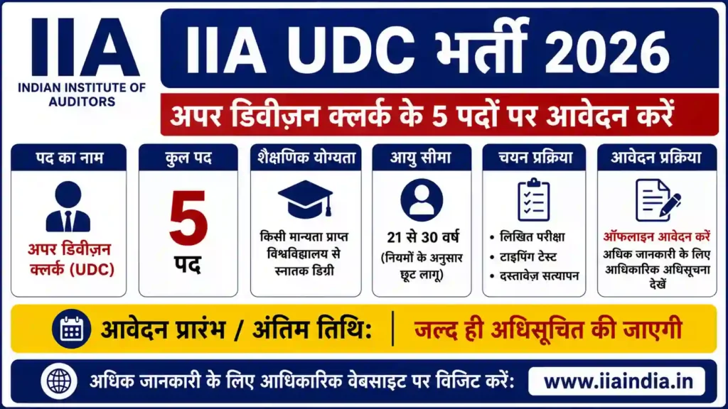 IIA UDC Bharti 2026 – अपर डिवीज़न क्लर्क के 5 पदों पर आवेदन करें